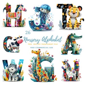 Nursery Alphabet Letter Clipart Bundle 26 High Quality PNG, Cartoon LetterAnimal ,Printable Stickers Goodnotes, Digital Download| 836