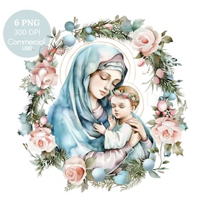 Clipart Vergine Maria, bundle 6 PNG di alta qualità, acquerello Maria e Gesù, adesivi stampabili Goodnotes, download digitale, carta digitale/501