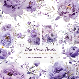 Bordo rosa fiore lilla, pacchetto clipart ghirlanda 12 PNG di alta qualità, ramo acquerello, adesivi stampabili, download digitale, carta digitale/471