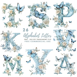 Pacchetto di clipart di lettere dell'alfabeto floreale 26 PNG di alta qualità, farfalle di lettere ad acquerello, adesivi stampabili Goodnotes, download digitale/ 676