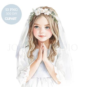 Clipart de Primera Comunión PNG, Paquete de 14 de alta calidad, Niña blanca rezando, Descarga digital, Pegatinas imprimibles Goodnotes / 778