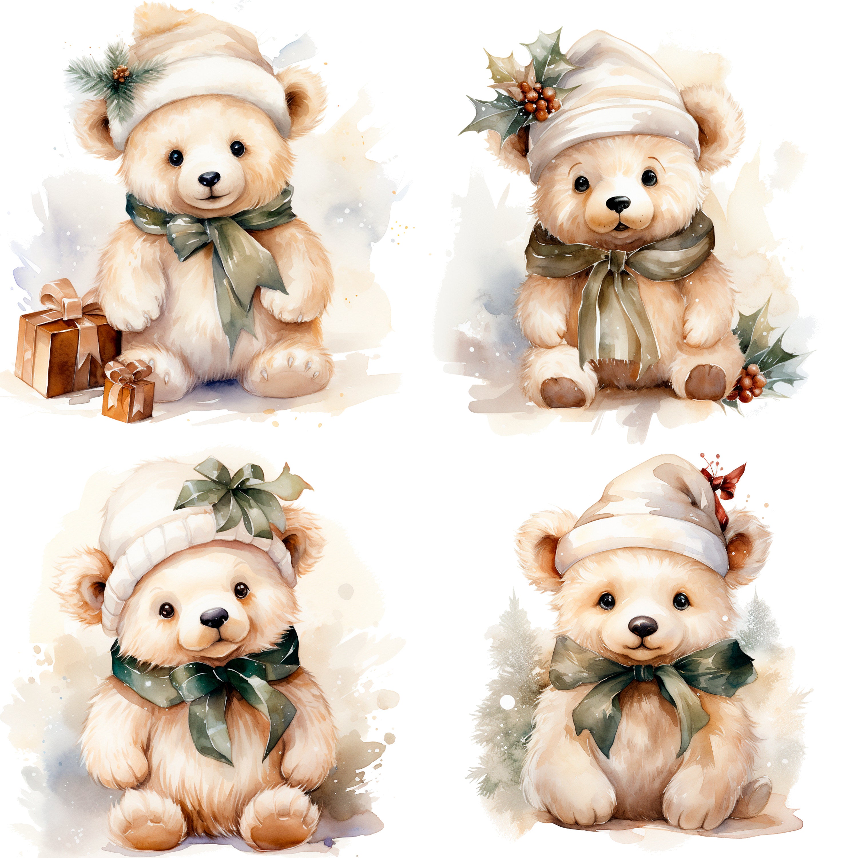 Christmas Teddy Bear, Watercolor Clipart PNG,15 High Quality Jpgs ...