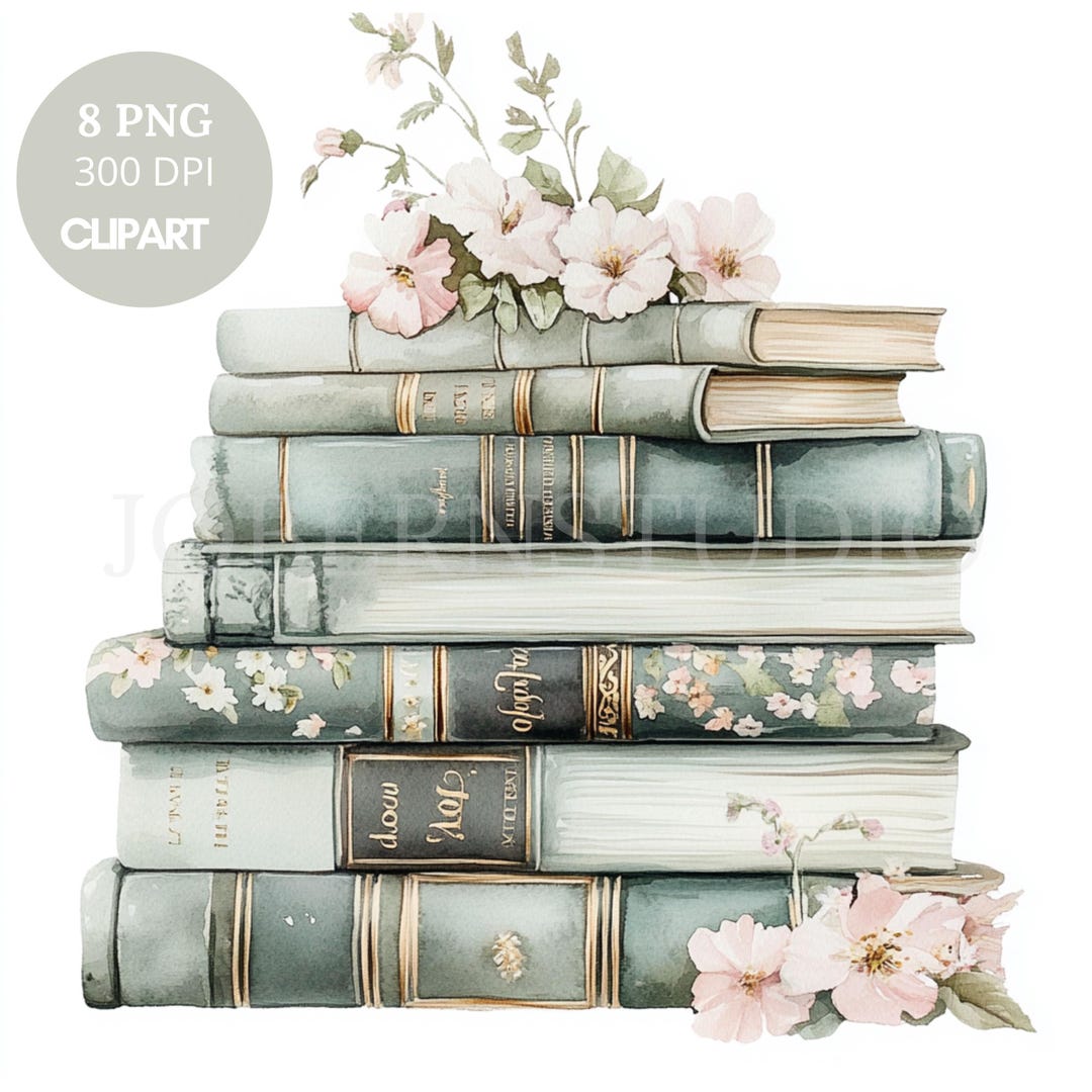 Floral Book Clipart Bundle 8 High Quality Png,watercolor Green Books ...
