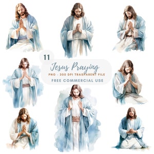 Paquete de imágenes prediseñadas de Jesucristo 11 PNG de alta calidad, acuarela Jesús orando, descarga digital, fabricación de tarjetas, medios mixtos, artesanía de papel digital / 337