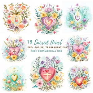 Pacchetto di clipart del Sacro Cuore 15 PNG di alta qualità, acquerello Gesù Maria, download digitale, creazione di cartoline, supporti misti, artigianato in carta digitale/ 263