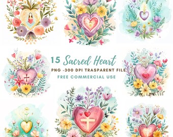 Sacred Heart Clipart Bundle 15 High Quality PNG, Watercolor Jesus Mary, Digital Download,Card Making,Mixed Media,Digital Paper Craft| 263