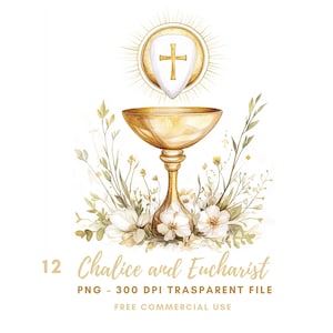 Première communion clipart PNG, lot de 12 haute qualité, aquarelle de Jésus, eucharistie et calice, autocollants imprimables Goodnotes, téléchargement numérique | 781