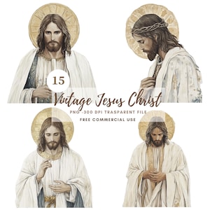 Paquete de 15 imágenes prediseñadas de Jesucristo de alta calidad, PNG/Acuarela vintage, Jesús orando, pegatinas imprimibles, Goodnotes, descarga digital, 793