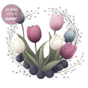 Tulips Wreath Flower Clipart Bundle 14 High Quality PNG, Watercolor Floral Bouquet,Printable Stickers Goodnotes| Digital Download| 805
