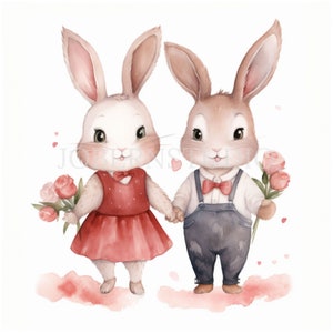 Pacchetto PNG Clipart Valentine Bunny 10 JPG di alta qualità, Amanti dell'acquerello, Download digitale, Creazione di carte, Supporti misti, Mestiere di carta digitale/ 157