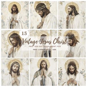 Paquete de 15 imágenes prediseñadas de Jesucristo de alta calidad, PNG/Acuarela vintage, Jesús orando, pegatinas imprimibles, Goodnotes, descarga digital, 793