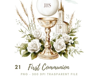 First Communion Clipart PNG,Bundle 21 High Quality, Watercolor Eucharist and Chalice,Printable Stickers Goodnotes, Digital Download| 713
