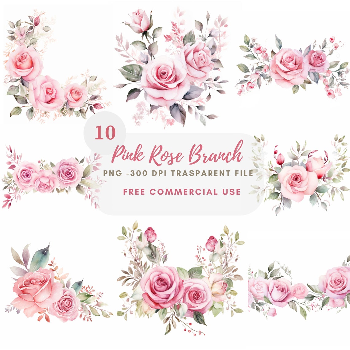 Pink Rose Branch Garland Clipart Bundle 10 High Quality PNG, Watercolor ...