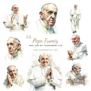 Pacote de Cliparts do Papa Francisco com 16 PNG de Alta Qualidade, Aquarela do Santo Padre Papa Francisco | Adesivos para Imprimir Goodnotes, Download Digital | 795