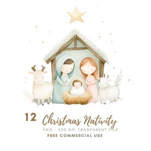 Kerststal clipartbundel 12 hoge kwaliteit png, aquarel kerststal heilige familie, Jezus Christus, Maria en Jozef, afdrukbare stickers Goodnotes | 607