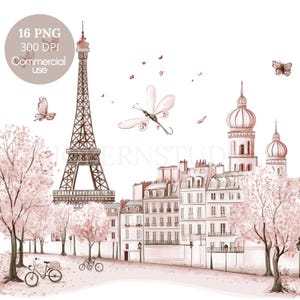 Paris Cityscape Clipart PNG, lot de 16 haute qualité, aquarelle ville rose Paris, autocollants imprimables Goodnotes, téléchargement numérique | 659