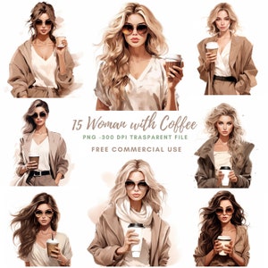 Donna Clipart PNG, Bundle 15 alta qualità, Donna acquerello con caffè, Download digitale, Creazione di cartoline, Mestiere di carta digitale, Adesivo stampabile/213