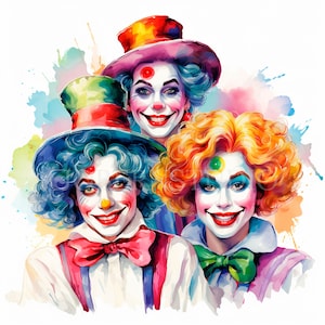 Clowns Clipart PNG, lot de 10 haute qualité, femme de cirque aquarelle, téléchargement numérique, fabrication de cartes, créations numériques en papier, autocollants imprimables | 214