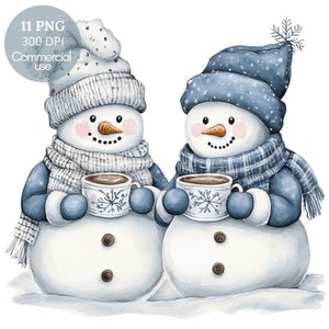 Clipart de boneco de neve de Natal em aquarela PNG, pacote de 11 de alta qualidade, boneco de neve azul de amigos, adesivos imprimíveis Goodnotes, download digital | 534