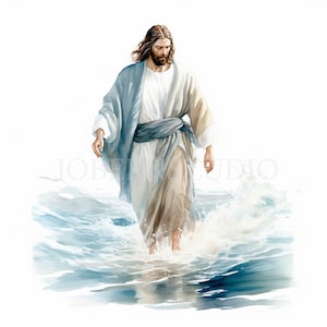 Pacchetto di clipart di Gesù Cristo 15 PNG di alta qualità, acquerello Gesù sul mare, adesivi stampabili, download digitale, creazione di cartoline, supporti misti/ 338