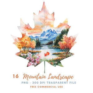 Clipart di paesaggi montani PNG, pacchetto di 16 immagini di alta qualità/ Foglie di montagna a forma di acquerello/ Adesivi stampabili Goodnotes/ Download digitale/ 784
