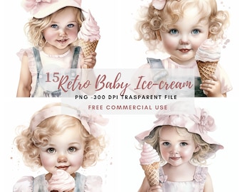 Aquarell Retro Baby Eis Clipart PNG, Bundle 15 hohe Qualität, digitaler Download, Kartenherstellung, digitales Papierhandwerk, druckbare Aufkleber 117