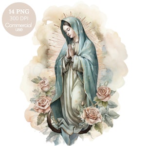 Clipart Nostra Signora Guadalupe, Bundle 14 PNG di alta qualità, Vergine Maria dell'acquerello, Download digitale, Creazione di cartoline, Supporti misti, Carta digitale/370