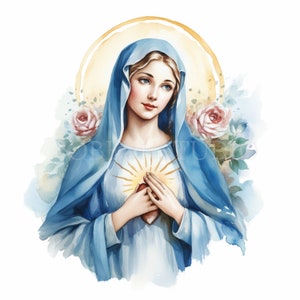 Maagd Maria Onbevlekte Clipart, Bundel 10 Hoge kwaliteit, Heilige Maria Aquarel, Digitale Download, Kaart maken, Gemengde Media, Digitale Papier Ambachtelijke | 200