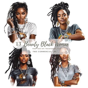 Clipart femme noire PNG, lot de 13 haute qualité, aquarelle fille noire, autocollants imprimables femme afro Goodnotes, téléchargement numérique | 796