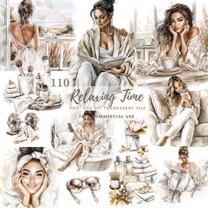 Watercolor Relaxing Time Woman Clipart PNG,Bundle 110 High Quality|Beige Beautiful Girl,Printable Stickers Goodnotes, Digital Download |820