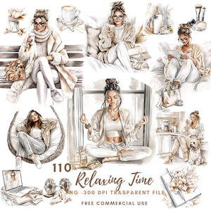 Acquerello Relaxing Time Woman Clipart PNG, Pacchetto 110 Alta Qualità/Beige Beautiful Girl, Adesivi Stampabili Goodnotes, Download Digitale /820