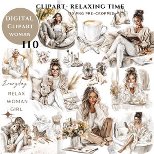 Aquarelle femme moment de détente Clipart PNG, lot de 110 haute qualité | Belle fille beige, autocollants imprimables Goodnotes, téléchargement numérique | 820