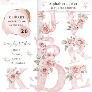 Alphabet floral lettre Clipart Bundle 26 PNG haute qualité, aquarelle lettre Rose, autocollants imprimables Goodnotes, téléchargement numérique | 663