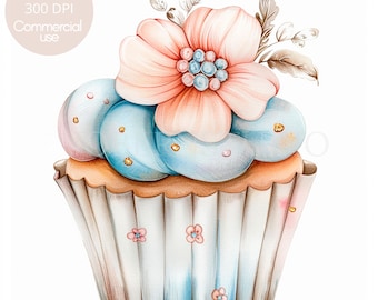 May include: A watercolor illustration of a cupcake with blue and pink frosting topped with a pink flower and green leaves.
