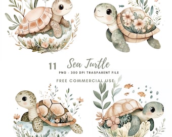Sea Turtle Clipart PNG,Bundle 11 High Quality PNG,Watercolor Sea Turtle Pastel color| Printable Stickers Goodnotes Digital Download| 661