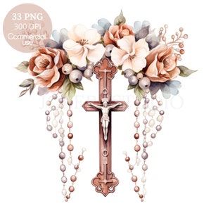 Pacchetto di clipart rosario fiore 33 PNG di alta qualità, acquerello croce, adesivo, download digitale, creazione di carte, supporti misti, artigianato in carta digitale/ 445