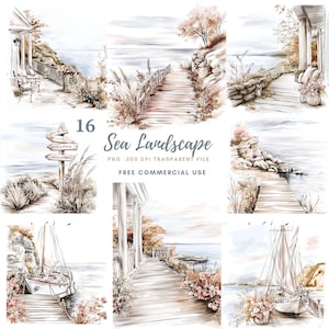 Mer plage côtière Clipart PNG, lot de 16 haute qualité | Paysage marin aquarelle beige,autocollants imprimables Goodnotes| Téléchargement numérique| 819