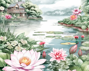 Jardin d'eau Clipart JPG, lot de 15 haute qualité, fleurs de jardin paysager, téléchargement numérique, fabrication de cartes, techniques mixtes, créations numériques en papier | 320