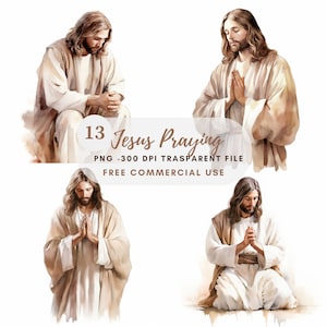 Pacchetto di clipart di Gesù Cristo 13 PNG di alta qualità, acquerello Gesù che prega, download digitale, creazione di cartoline, supporti misti, artigianato in carta digitale/ 315