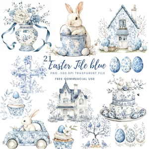 May include: A set of 21 blue and white Easter themed digital illustrations. The illustrations include a bunny, a house, a cake, a cross, a vase of flowers, cupcakes, eggs, and a bird on a branch. The illustrations are in a blue and white color scheme and have a vintage feel.  21 Easter Tile Blue PNG - 300 DPI Transparent File FREE COMMERCIAL USE