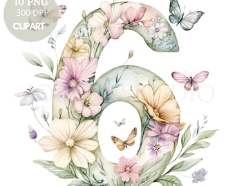 May include: Watercolor illustration of the number six, adorned with pastel-colored flowers and butterflies. The number is filled with cream, pink, and peach-colored blooms, with green leaves and several butterflies. The image includes the text "10 PNG 300 DPI CLIPART".