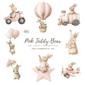 Pink Teddy Bear Clipart | Bundle  Watercolor 46 High Quality PNG | It's a Girl Newborn | Printable Stickers Goodnotes|  Digital Download|920