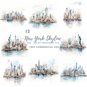 New York Skyline Clipart PNG,Bundle 12 alta qualità,Inchiostro nero paesaggio urbano,Adesivi stampabili,Download digitale,Creazione di cartoline,Supporti misti/430
