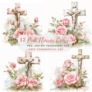 Flower Cross Clipart Bundle 12 PNG di alta qualità,Croce acquerello,Adesivo,Download digitale,Creazione di cartoline,Media misti,Creazione di carta digitale/ 270
