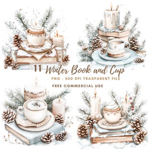May include: A set of 11 digital illustrations featuring winter-themed scenes with books, cups of hot cocoa, and candles. The illustrations are in a watercolor style and feature a warm color palette. The text "11 Winter Book and Cup" is included in the image.