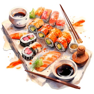 Smakelijke Sushi Clipart Bundel 15 Hoge kwaliteit PNG, Aquarel Japans eten, Digitale download, Kaart maken, Mixed Media, Digitale papierkunst | 85