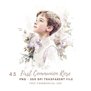 Clipart rose cendrée première communion PNG | Lot de 45 aquarelles | Fille et garçon roses en prière | Téléchargement numérique|Autocollants imprimables Goodnotes|786