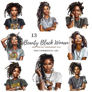 Clipart femme noire PNG, lot de 13 haute qualité, aquarelle fille noire, autocollants imprimables femme afro Goodnotes, téléchargement numérique | 796