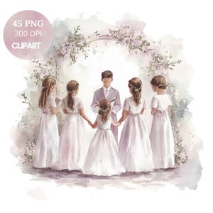 Clipart de rosa polvorienta de primera comunión (PNG)/Paquete de acuarela 45/ Niña y niño rezando con rosa/Descarga digital/Pegatinas imprimibles Goodnotes/786