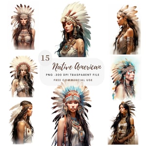 Femme amérindienne Clipart PNG Bundle 15 de haute qualité, fille aquarelle, autocollant imprimable, téléchargement numérique, fabrication de cartes, papier numérique | 299